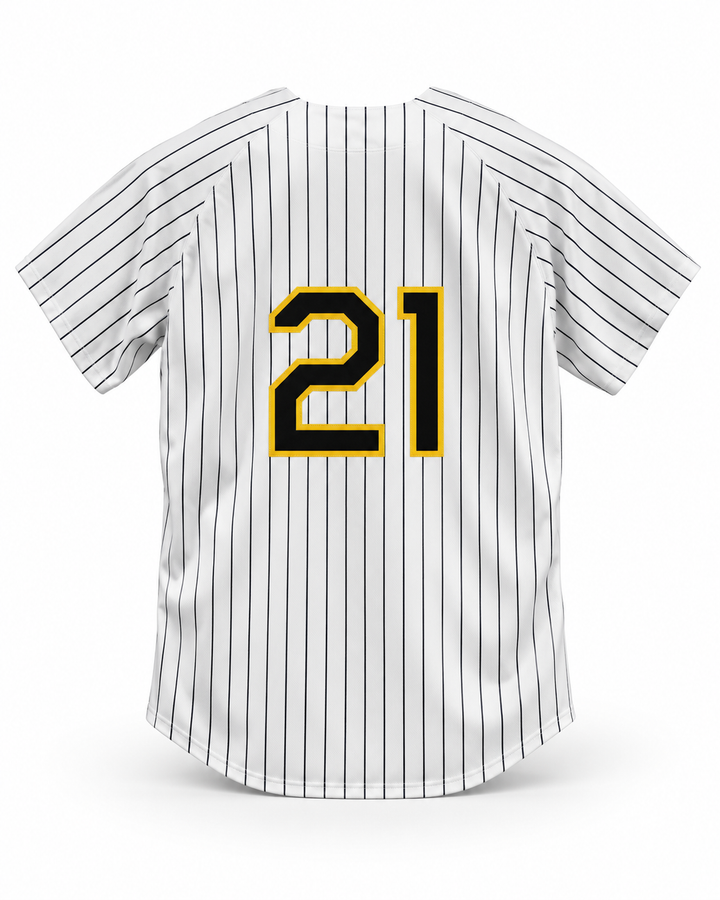 Back product mockup of Taka Tanaka 21 Buzz White Pinstriped Major League: Back to the Minors Baseball Jersey.