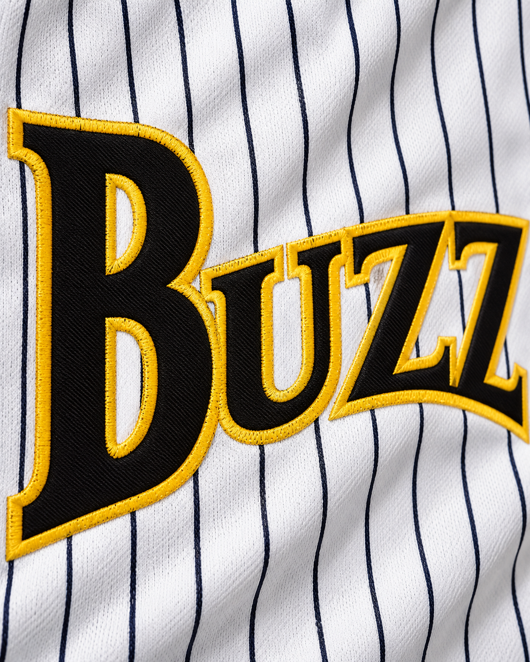 Embroidery detail product mockup of Taka Tanaka 21 Buzz White Pinstriped Major League: Back to the Minors Baseball Jersey.