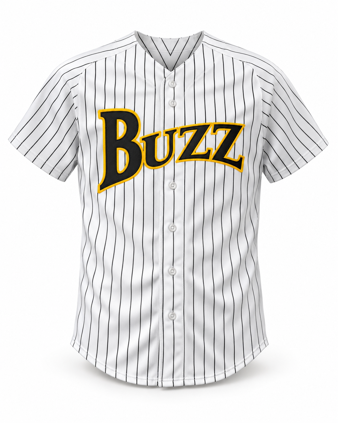Front product mockup of Taka Tanaka 21 Buzz White Pinstriped Major League: Back to the Minors Baseball Jersey.