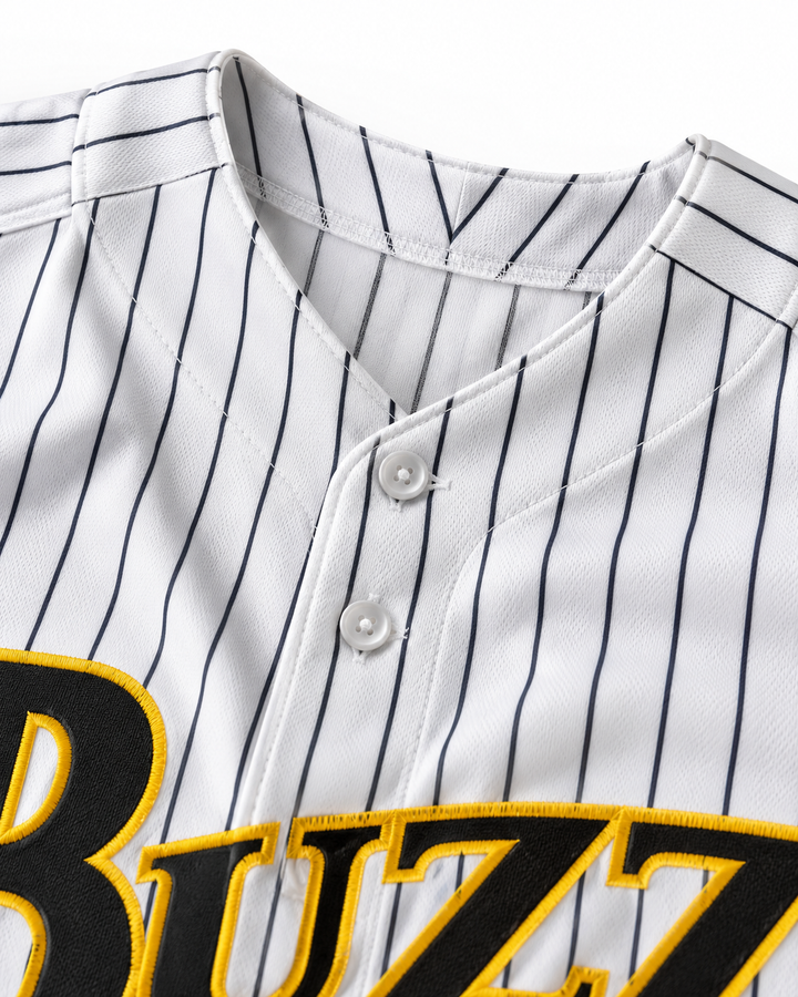 Neckline and fabric detail product mockup of Taka Tanaka 21 Buzz White Pinstriped Major League: Back to the Minors Baseball Jersey.