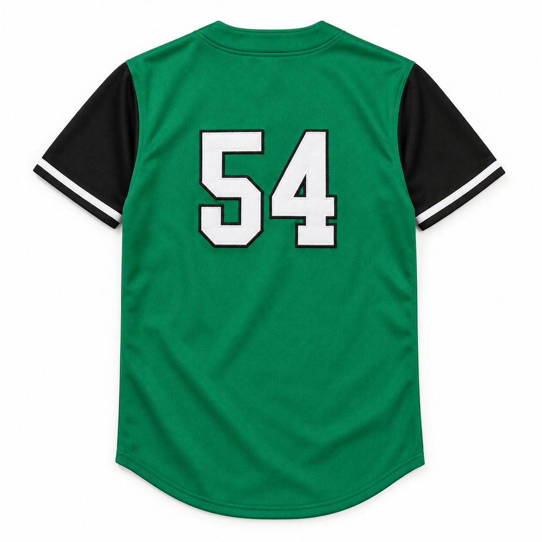 Back product mockup of a green baseball jersey with black sleeves and a white number 54 outlined in black stitching.