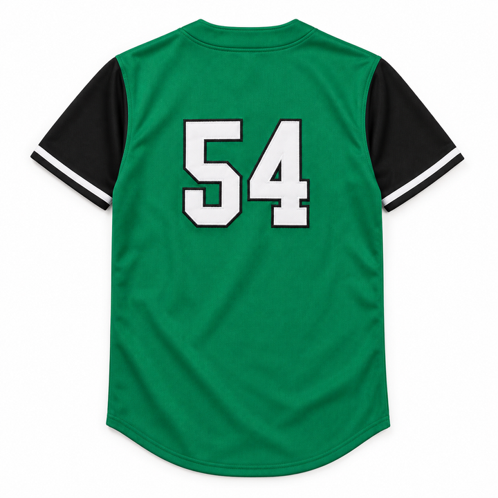Back product mockup of a green baseball jersey with black sleeves and a white number 54 outlined in black stitching.