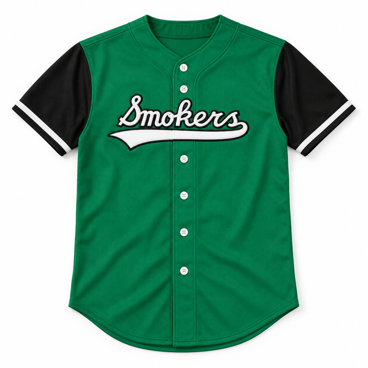 Front product mockup of a green Tampa Smokers baseball jersey with black sleeves, white cuff stripes and stitched Smokers script.