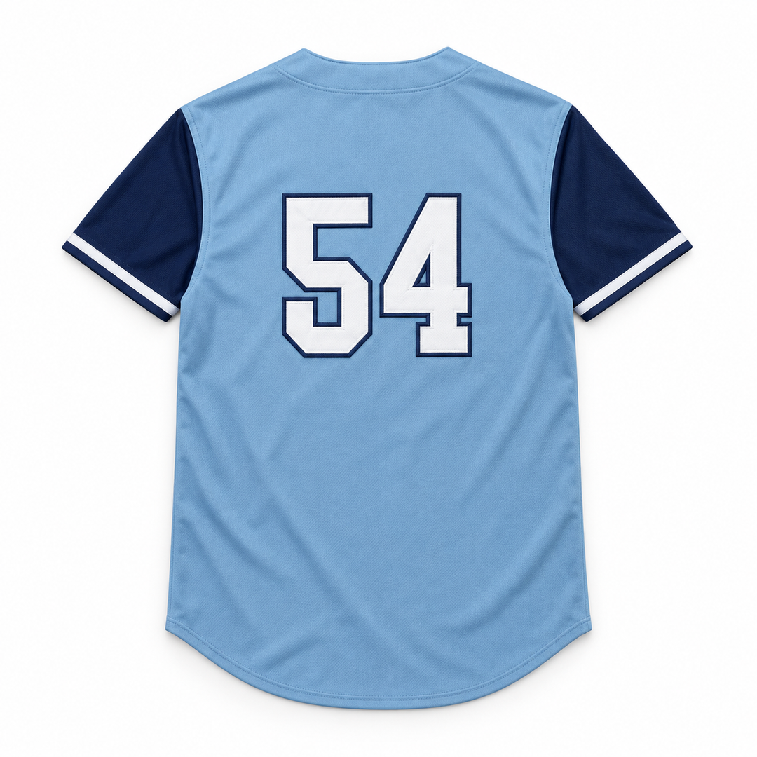 Back product mockup of a light blue baseball jersey with navy sleeves and a white number 54 outlined in navy stitching.