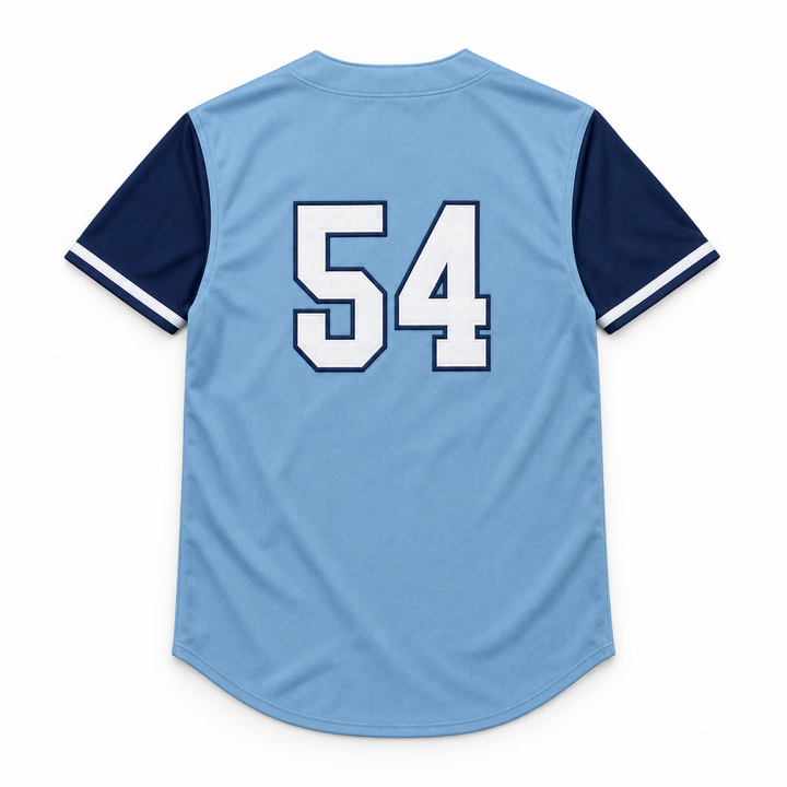 Back product mockup of a light blue baseball jersey with navy sleeves and a white number 54 outlined in navy stitching.