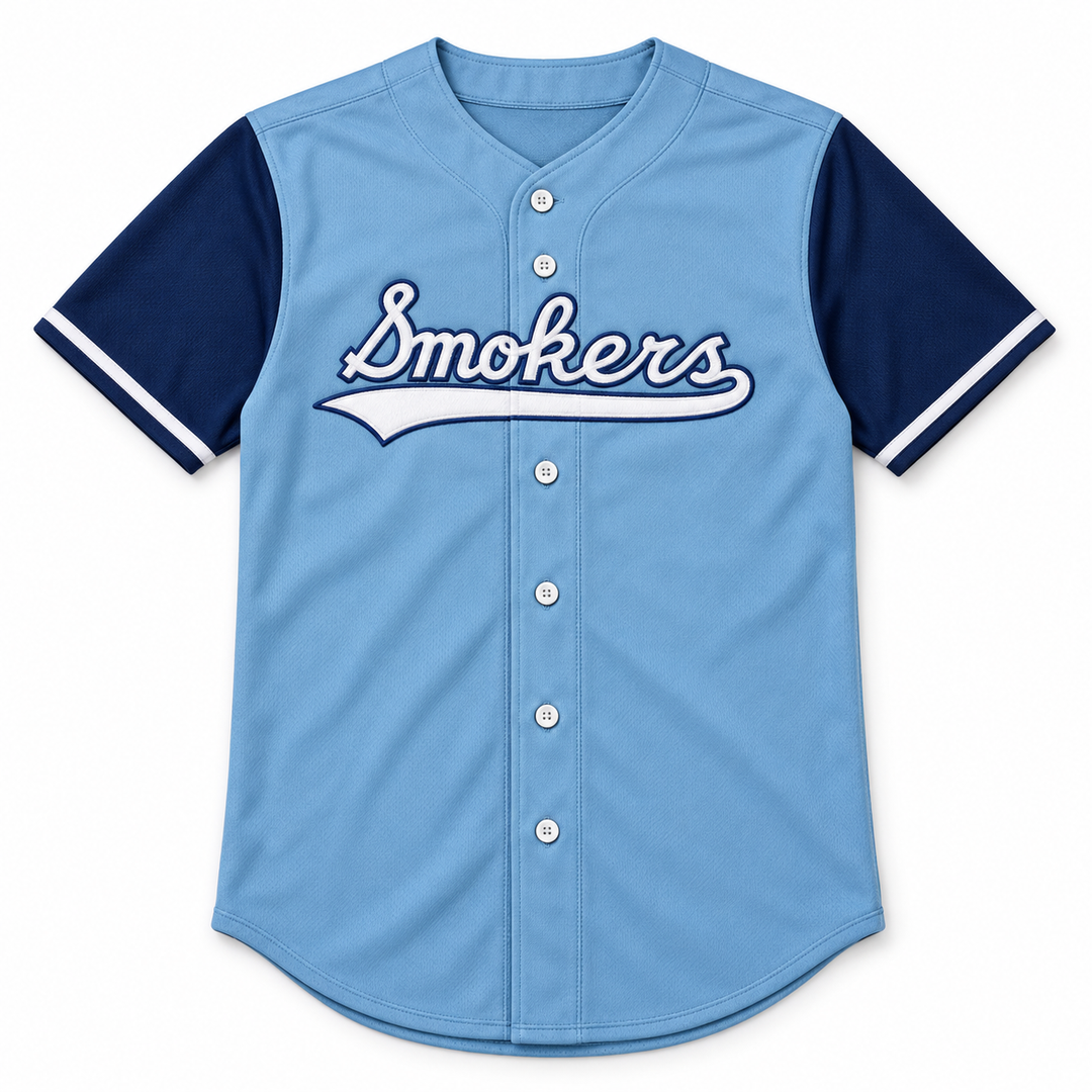 Front product mockup of a light blue Tampa Smokers baseball jersey with navy sleeves, white cuff stripes and stitched Smokers script.