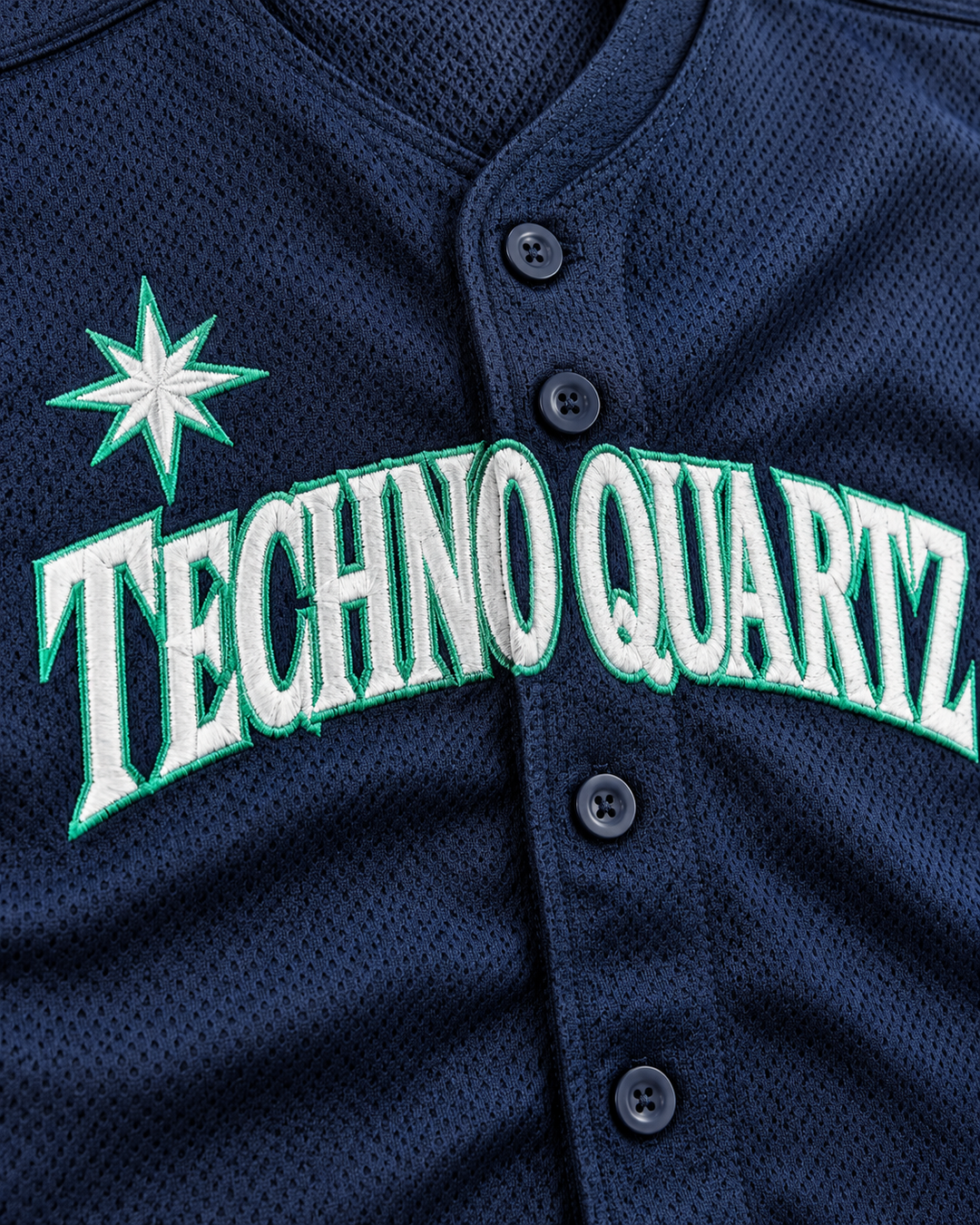 Embroidery detail product mockup of Techno Quartz 3 Navy Blue Button Down Baseball Jersey.