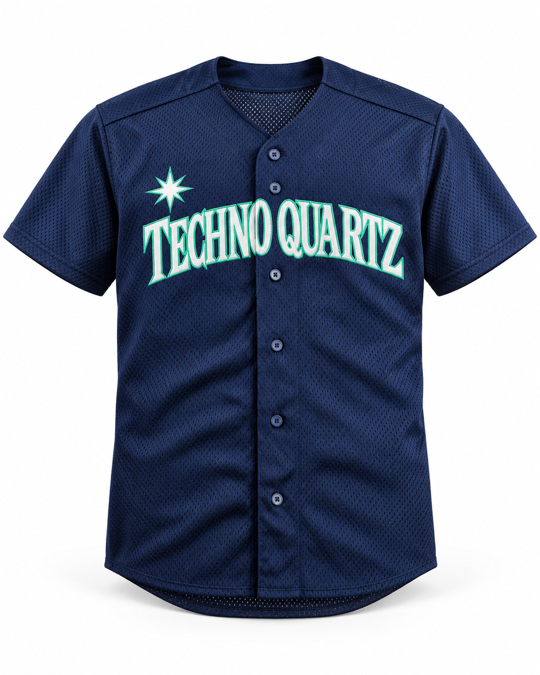 Front product mockup of Techno Quartz 3 Navy Blue Button Down Baseball Jersey.
