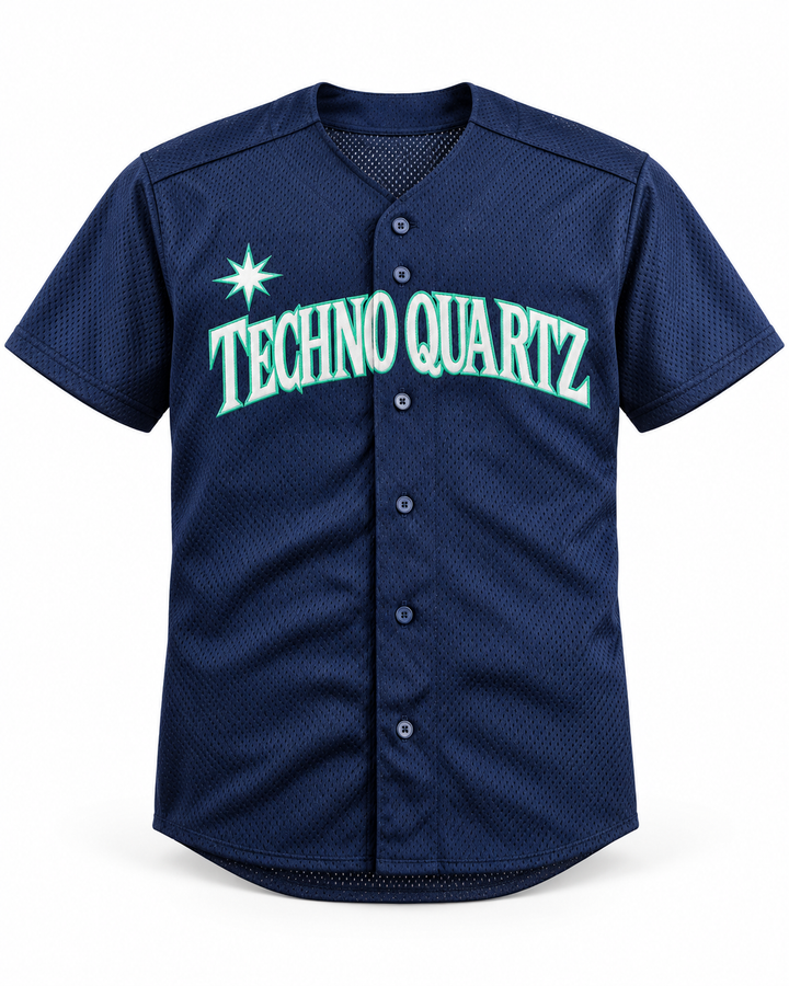 Front product mockup of Techno Quartz 3 Navy Blue Button Down Baseball Jersey.