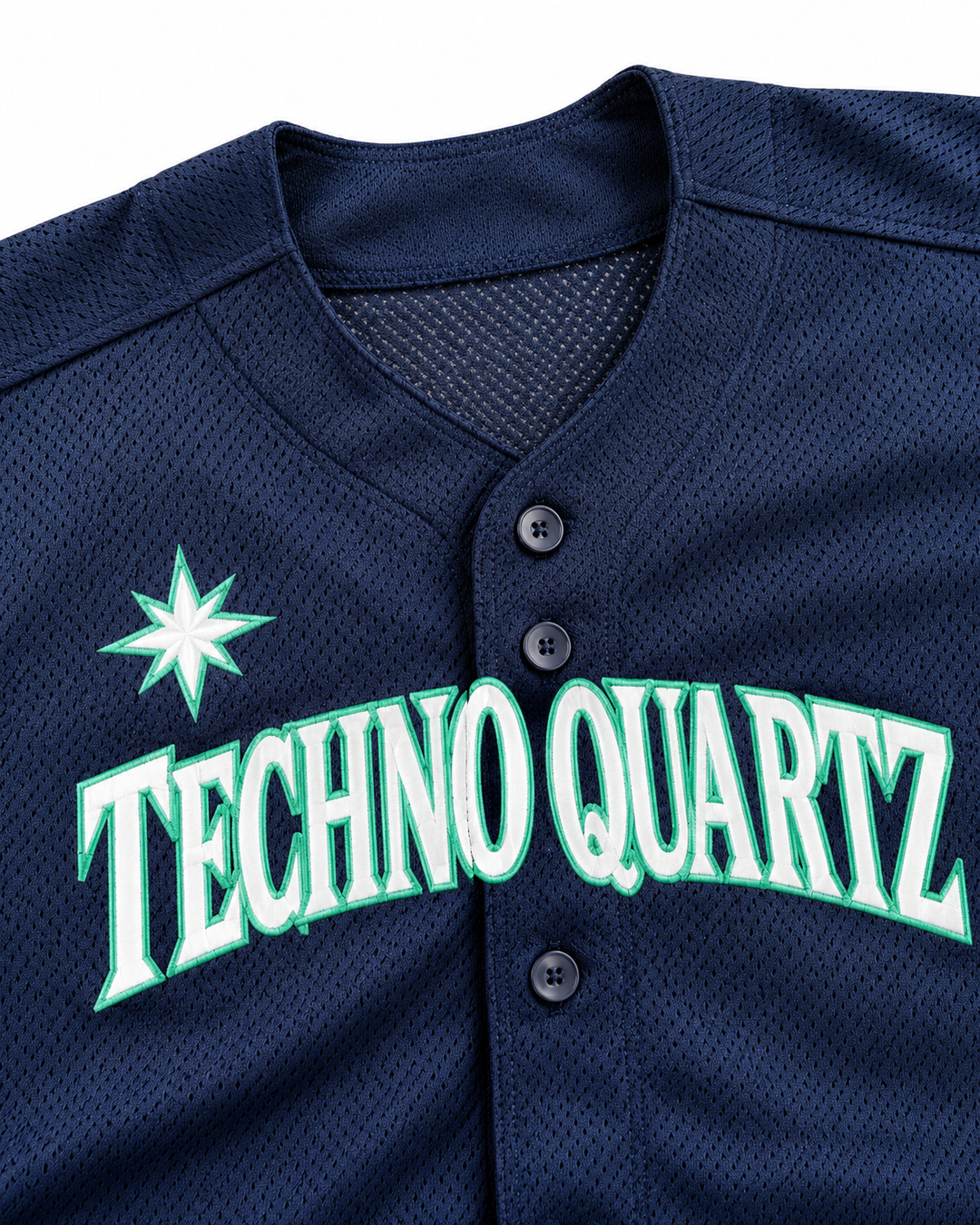 Neckline and fabric detail product mockup of Techno Quartz 3 Navy Blue Button Down Baseball Jersey.