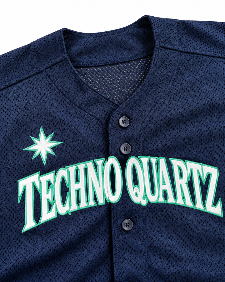 Neckline and fabric detail product mockup of Techno Quartz 3 Navy Blue Button Down Baseball Jersey.
