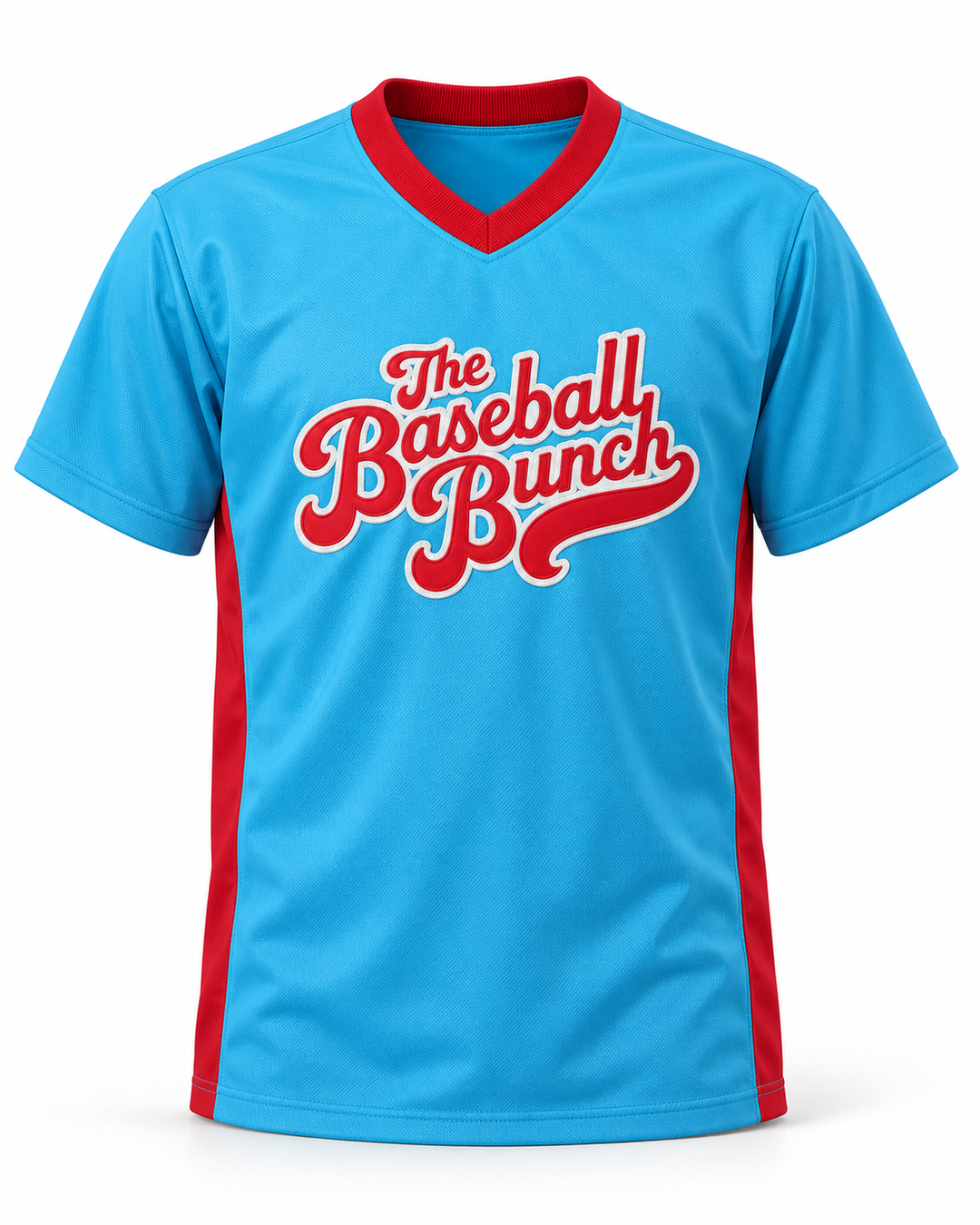 Front product mockup of The Baseball Bunch Light Blue Baseball Jersey.