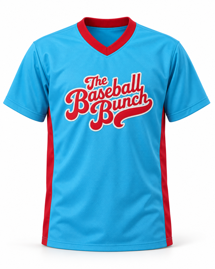 Front product mockup of The Baseball Bunch Light Blue Baseball Jersey.