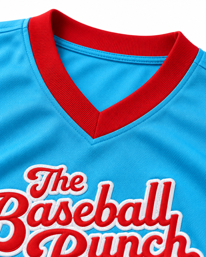 Neckline and fabric detail product mockup of The Baseball Bunch Light Blue Baseball Jersey.