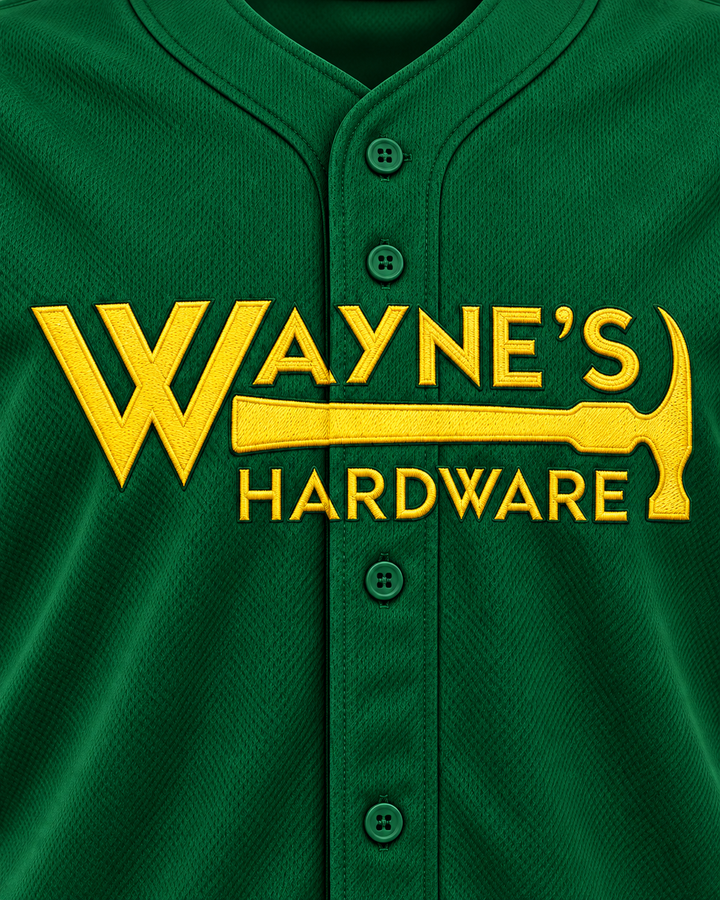 Embroidery detail product mockup of Tim Meadows Coach Wayne's Hardware Baseball Jersey.