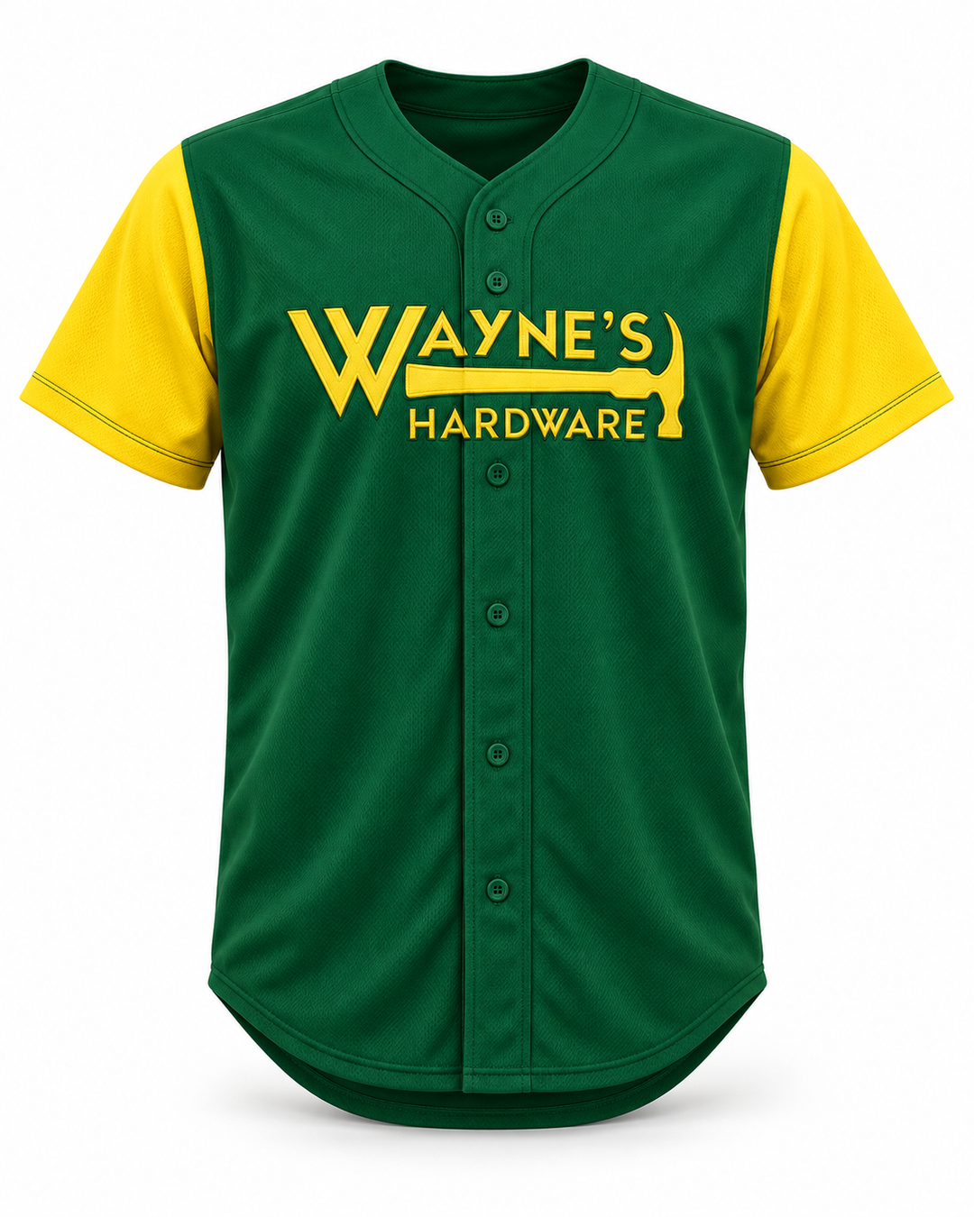 Front product mockup of Tim Meadows Coach Wayne's Hardware Baseball Jersey.