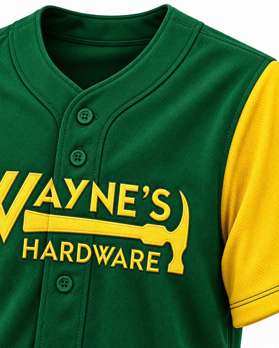 Neckline and fabric detail product mockup of Tim Meadows Coach Wayne's Hardware Baseball Jersey.