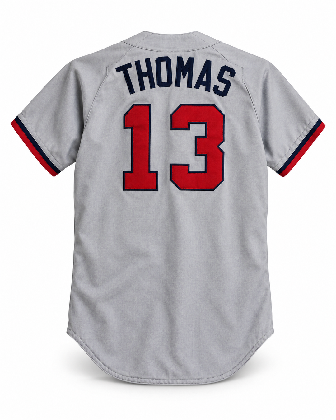Back product mockup of Todd Thomas 13 Firebirds Gray Baseball Jersey.