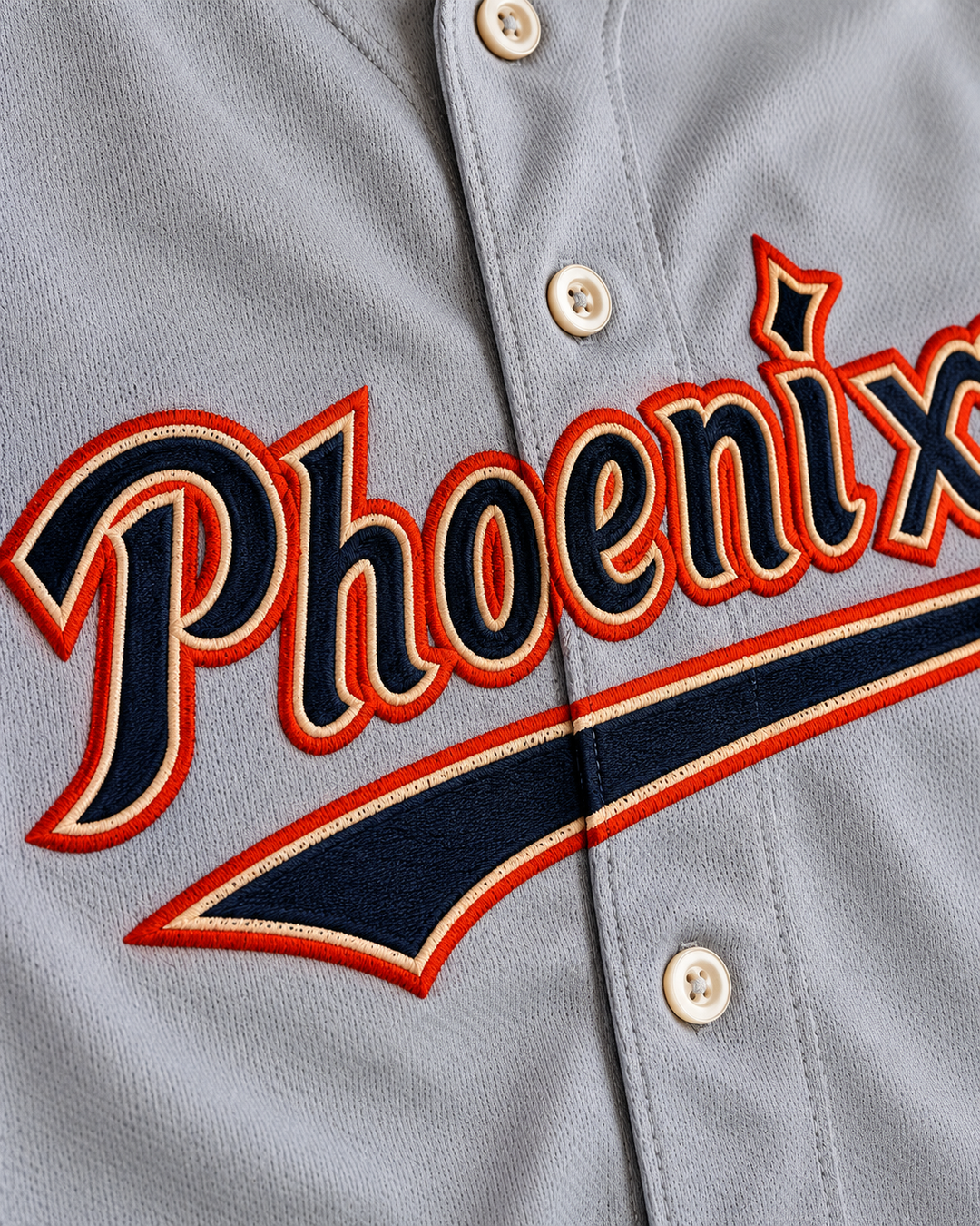 Embroidery detail product mockup of Todd Thomas 13 Firebirds Gray Baseball Jersey.