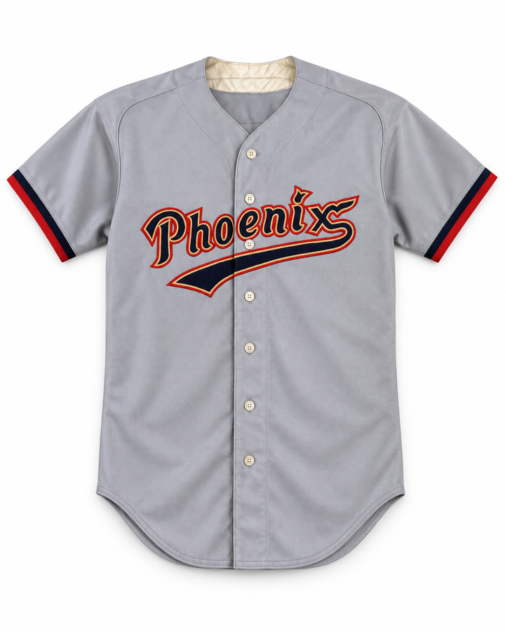 Front product mockup of Todd Thomas 13 Firebirds Gray Baseball Jersey.