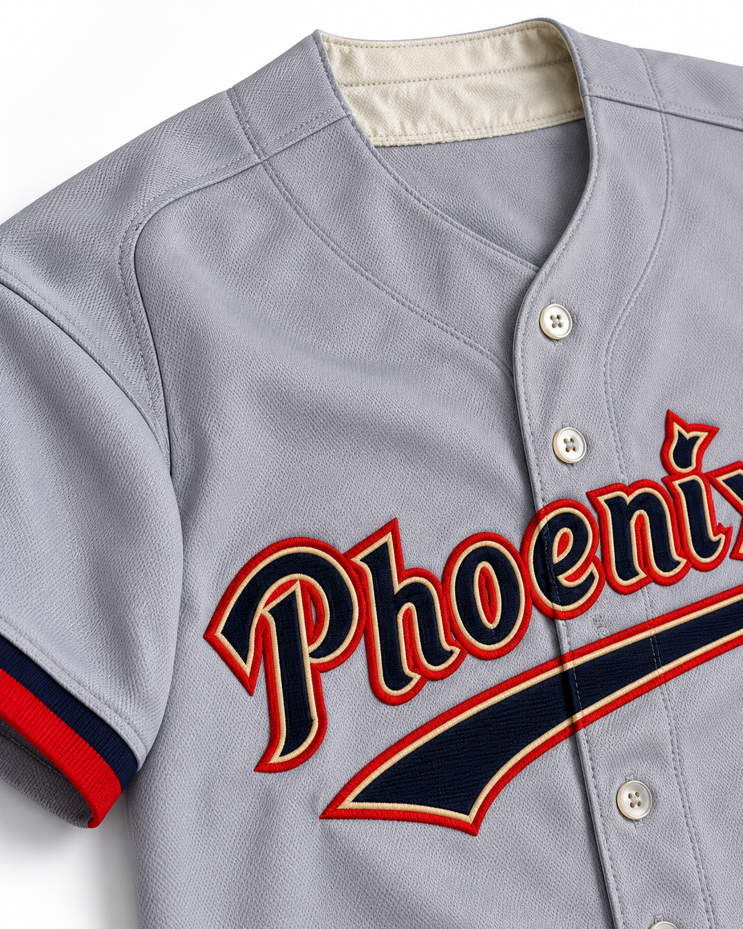 Neckline and fabric detail product mockup of Todd Thomas 13 Firebirds Gray Baseball Jersey.