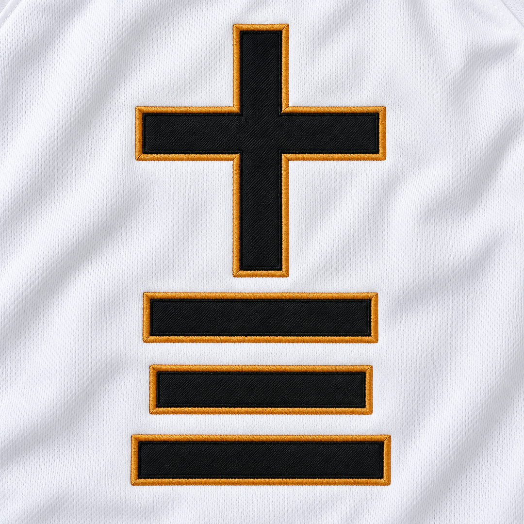 Close-up product mockup of black Japanese characters for thirteen with raised gold stitched edges on white jersey fabric.