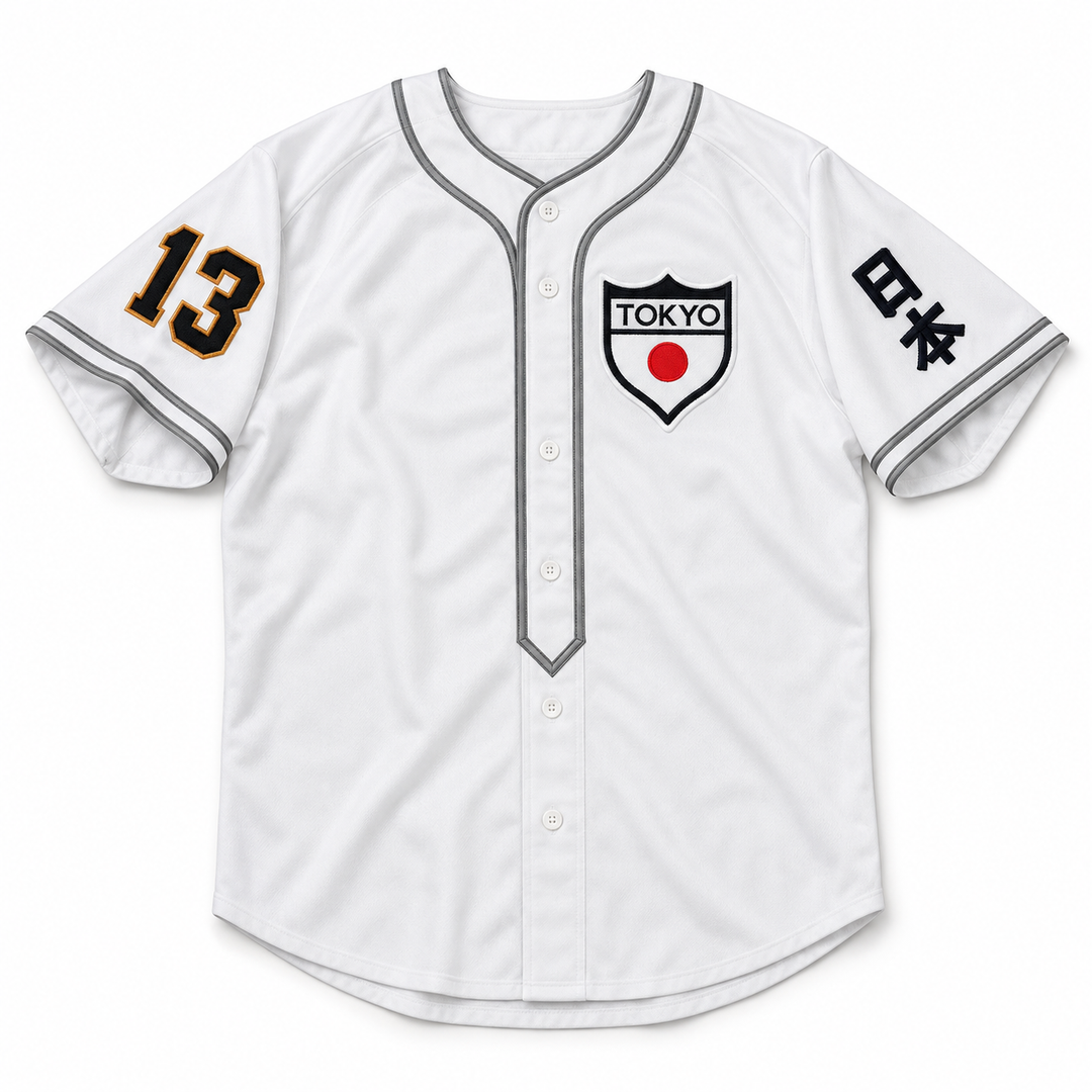 Front product mockup of a white Tokyo baseball jersey with gray piping, TOKYO shield crest, number 13 and Japanese sleeve lettering.