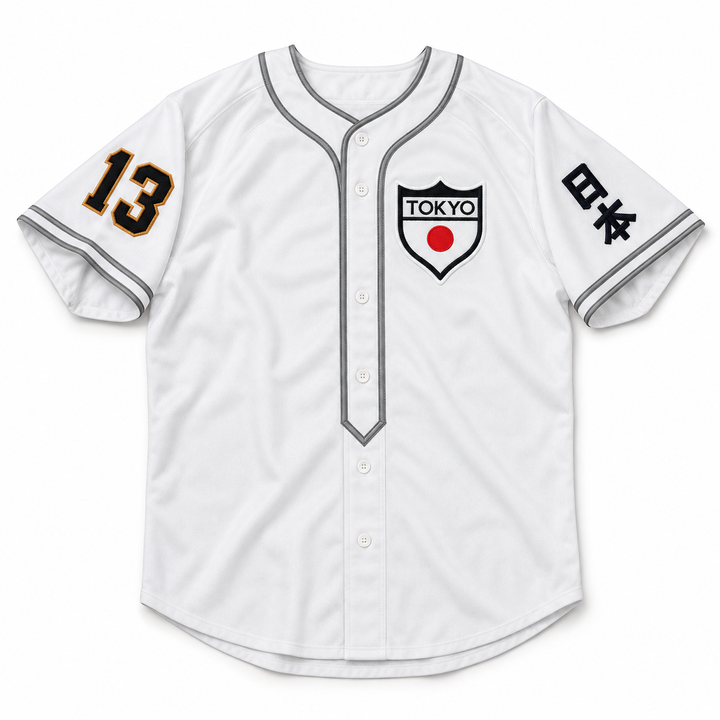 Front product mockup of a white Tokyo baseball jersey with gray piping, TOKYO shield crest, number 13 and Japanese sleeve lettering.