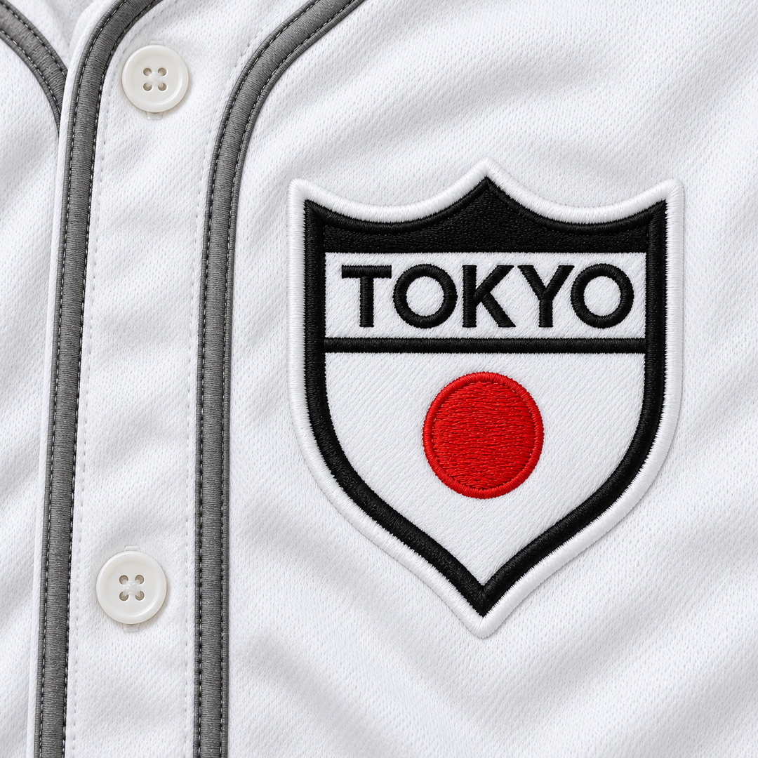 Close-up product mockup of the embroidered TOKYO shield crest with a red circle, gray piping and white buttons.