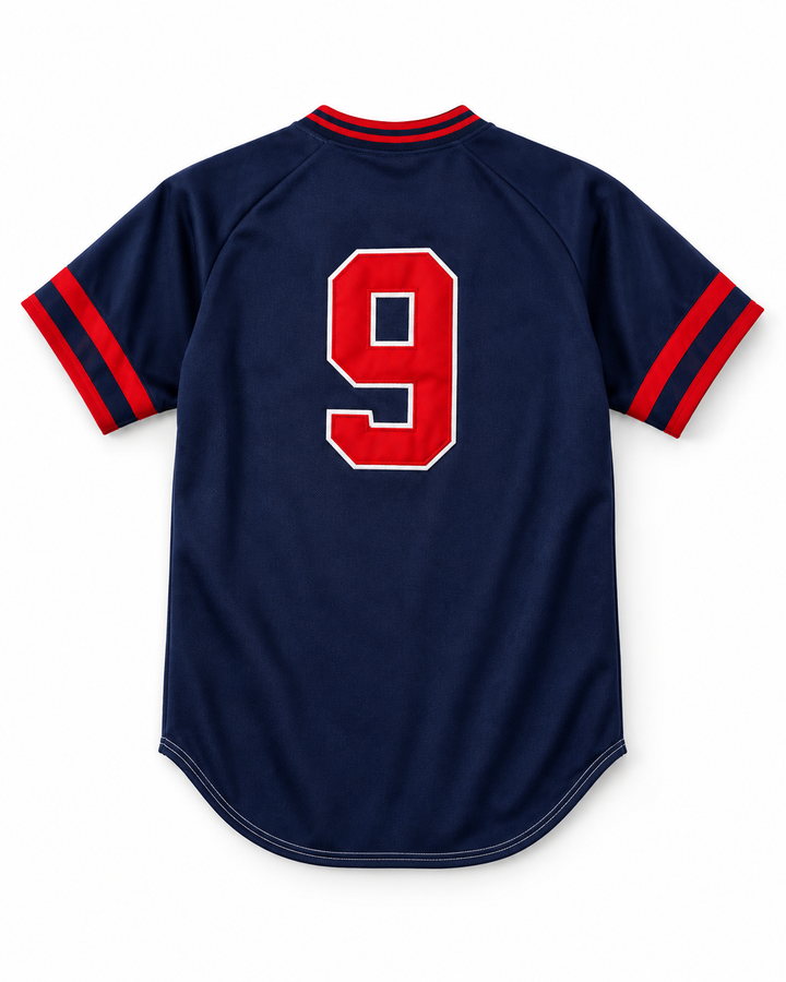 Back product mockup of Toledo Mud Hens 9 White and Navy Blue Pullover Baseball Jersey.