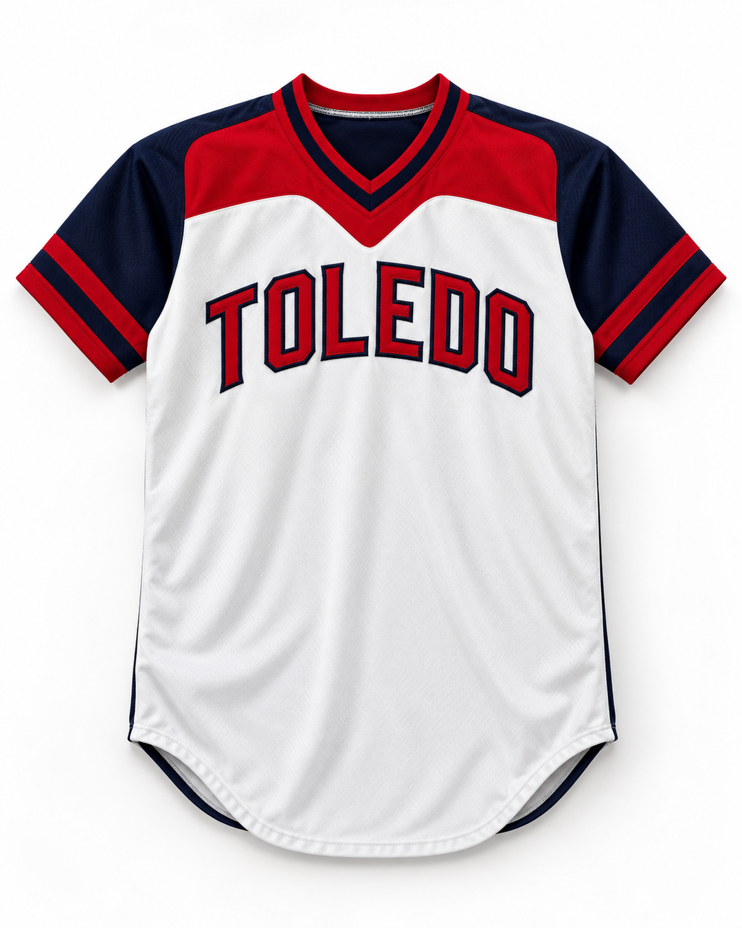 Front product mockup of Toledo Mud Hens 9 White and Navy Blue Pullover Baseball Jersey.