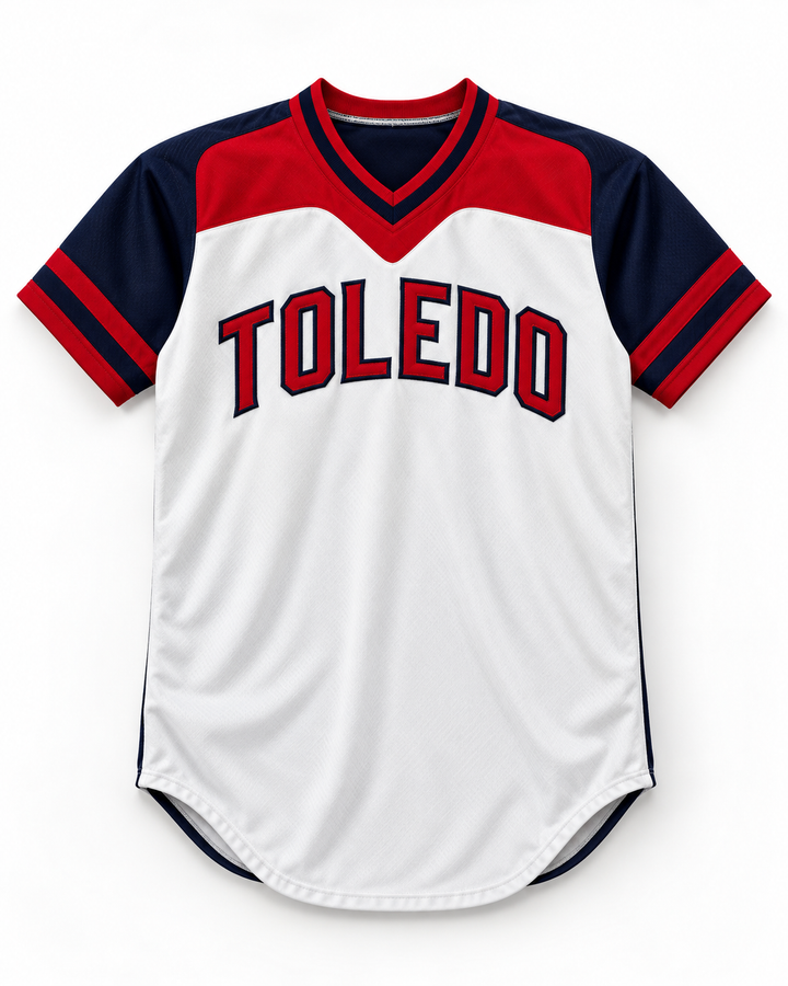 Front product mockup of Toledo Mud Hens 9 White and Navy Blue Pullover Baseball Jersey.