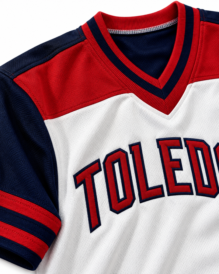 Neckline and fabric detail product mockup of Toledo Mud Hens 9 White and Navy Blue Pullover Baseball Jersey.