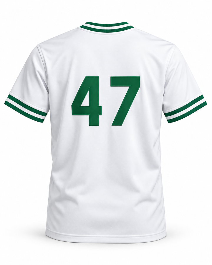 Back product mockup of Tom Glavine 47 Billerica Memorial High School Indians White Baseball Jersey 1.
