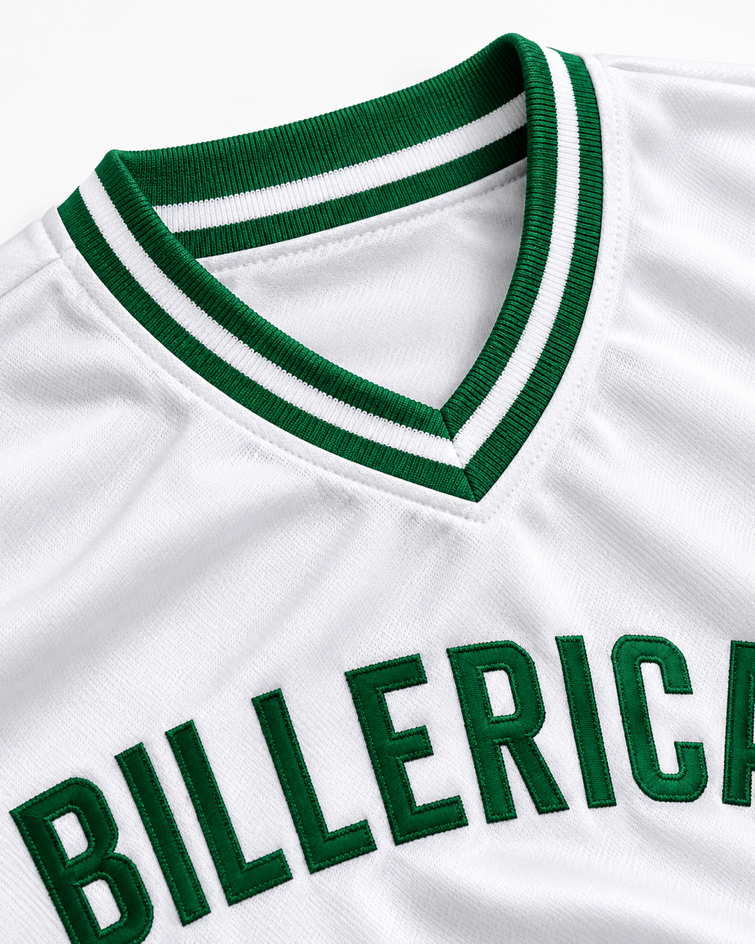 Neckline and fabric detail product mockup of Tom Glavine 47 Billerica Memorial High School Indians White Baseball Jersey 1.