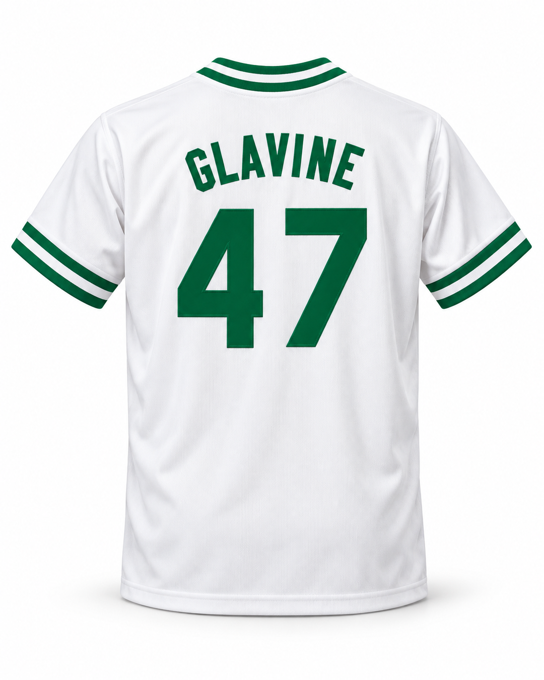 Back product mockup of Tom Glavine 47 Billerica Memorial High School Indians White Baseball Jersey 2.