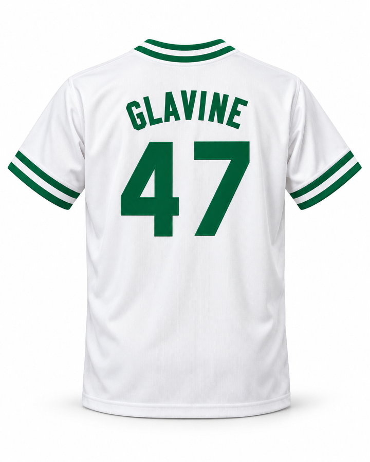 Back product mockup of Tom Glavine 47 Billerica Memorial High School Indians White Baseball Jersey 2.