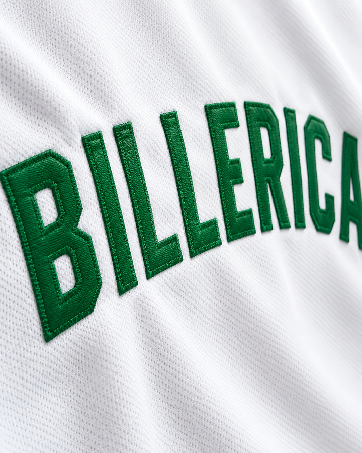 Embroidery detail product mockup of Tom Glavine 47 Billerica Memorial High School Indians White Baseball Jersey 2.