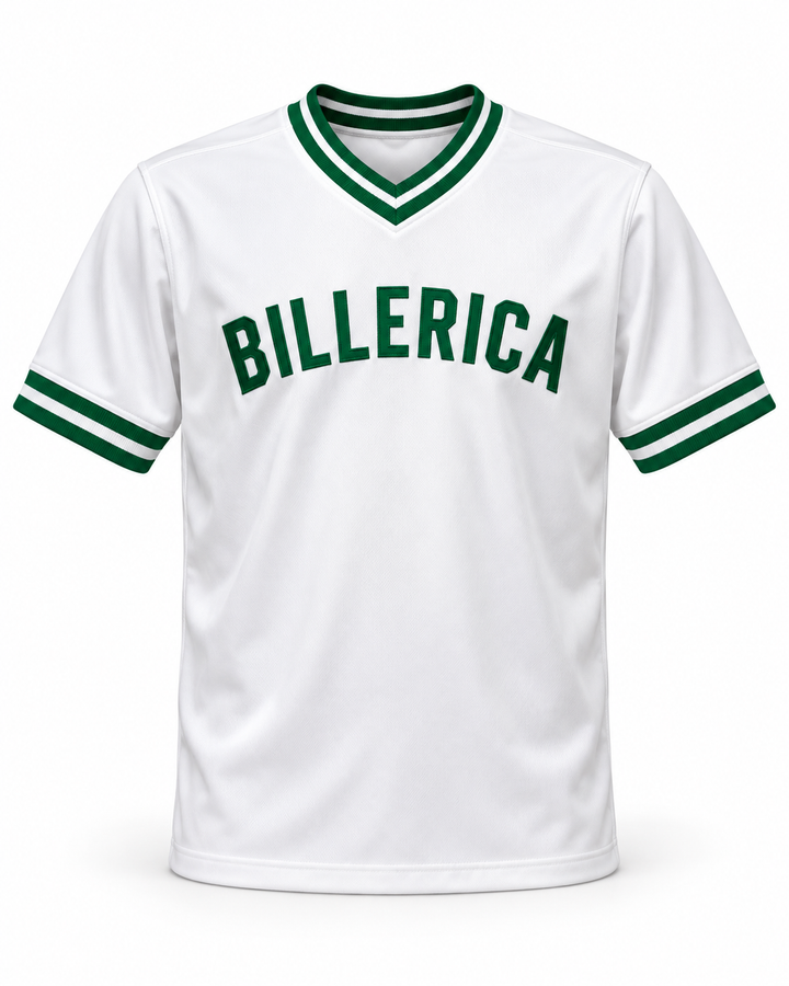 Front product mockup of Tom Glavine 47 Billerica Memorial High School Indians White Baseball Jersey 2.