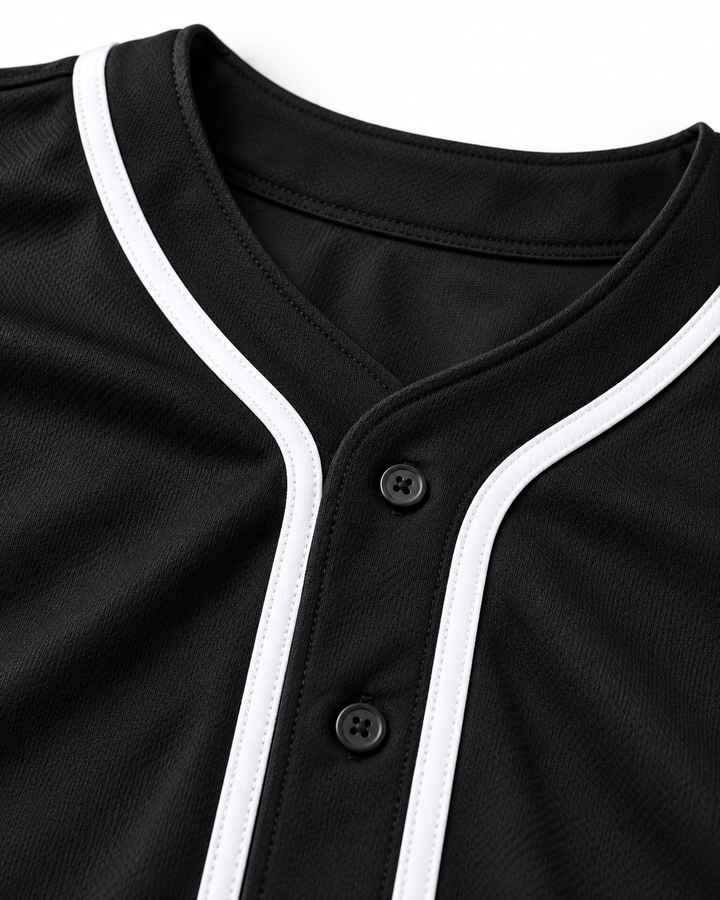 Neckline and fabric detail product mockup of Tom Peterson 17 Aardvarks Rock N' Jock 1990 Baseball Jersey.