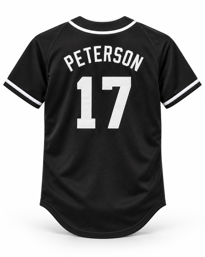 Back product mockup of Tom Peterson 17 Aardvarks Rock N' Jock Baseball Jersey.