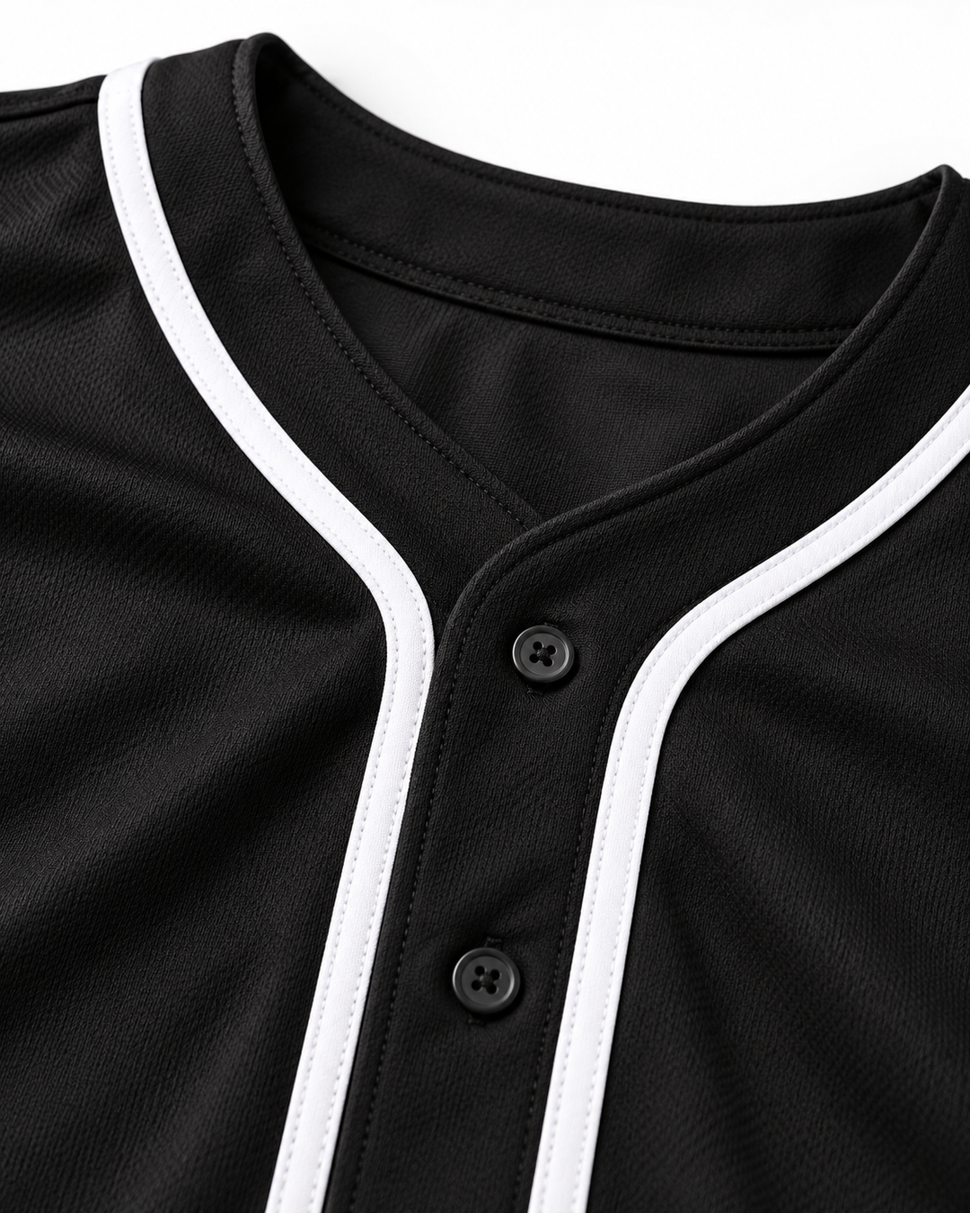 Neckline and fabric detail product mockup of Tom Peterson 17 Aardvarks Rock N' Jock Baseball Jersey.