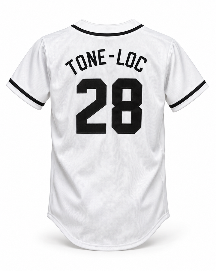 Back product mockup of Tone-Loc 28 Salamanders Rock N' Jock Baseball Jersey.