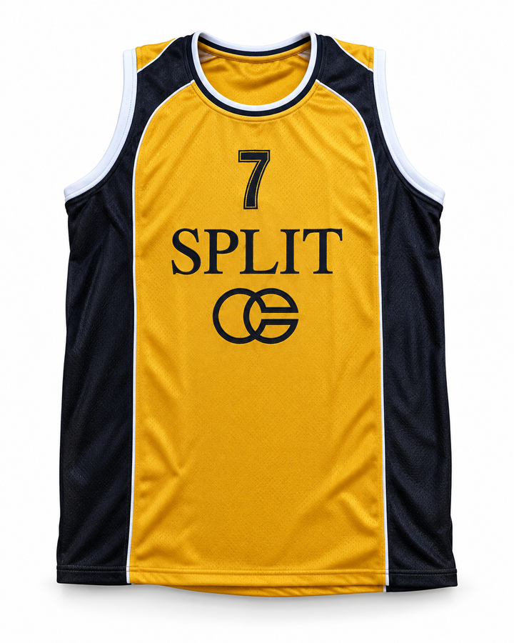 Front product mockup of Toni Kukoc 7 KK Split Jugoplastika Basketball Jersey, showing the original jersey design with textured fabric and stitched lettering.