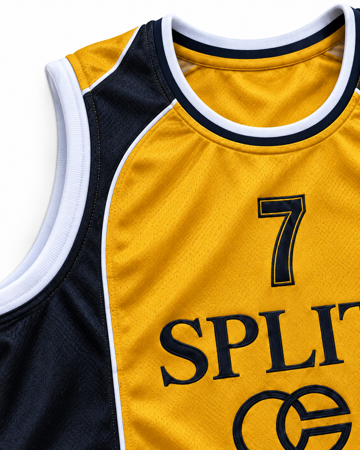 Neckline and chest detail product mockup of Toni Kukoc 7 KK Split Jugoplastika Basketball Jersey, showing ribbed trim, seams and stitched lettering.