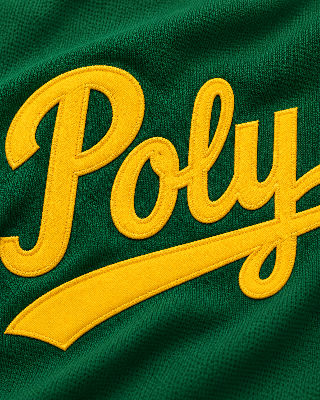 Embroidery detail product mockup of Tony Gwynn 19 Polytechnic High School Jackrabbits Green Baseball Jersey 1.
