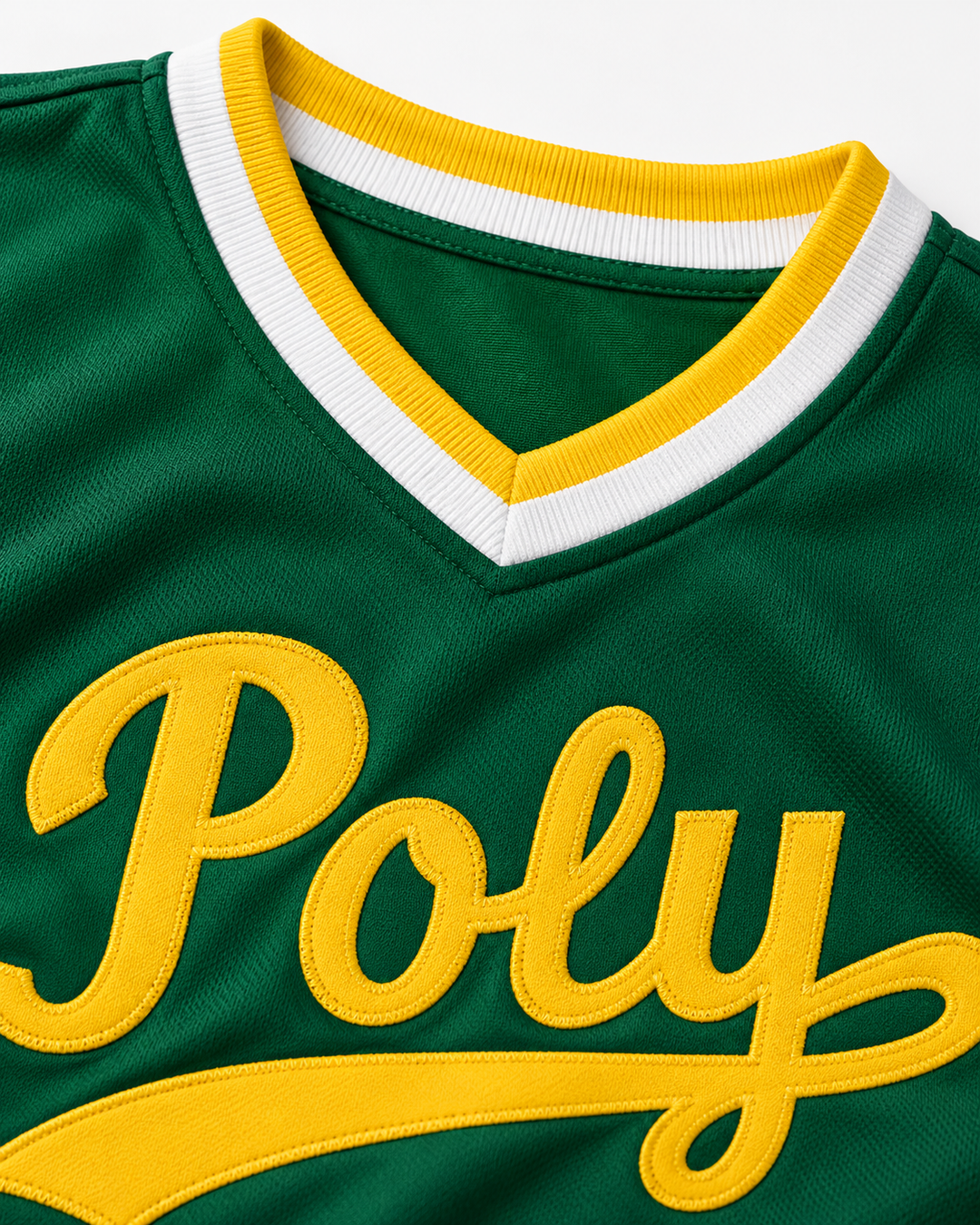 Neckline and fabric detail product mockup of Tony Gwynn 19 Polytechnic High School Jackrabbits Green Baseball Jersey 1.