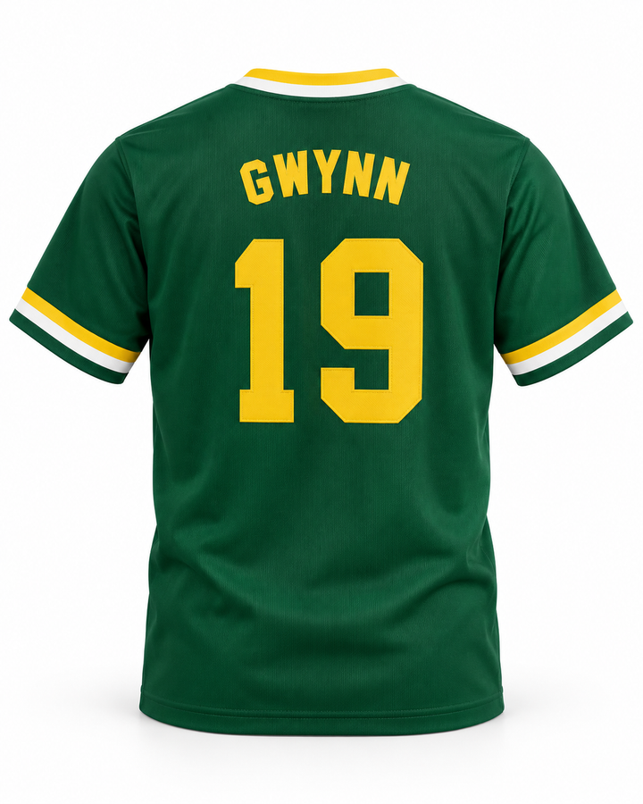Back product mockup of Tony Gwynn 19 Polytechnic High School Jackrabbits Green Baseball Jersey 2.