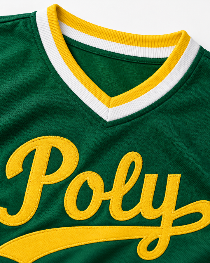 Neckline and fabric detail product mockup of Tony Gwynn 19 Polytechnic High School Jackrabbits Green Baseball Jersey 2.