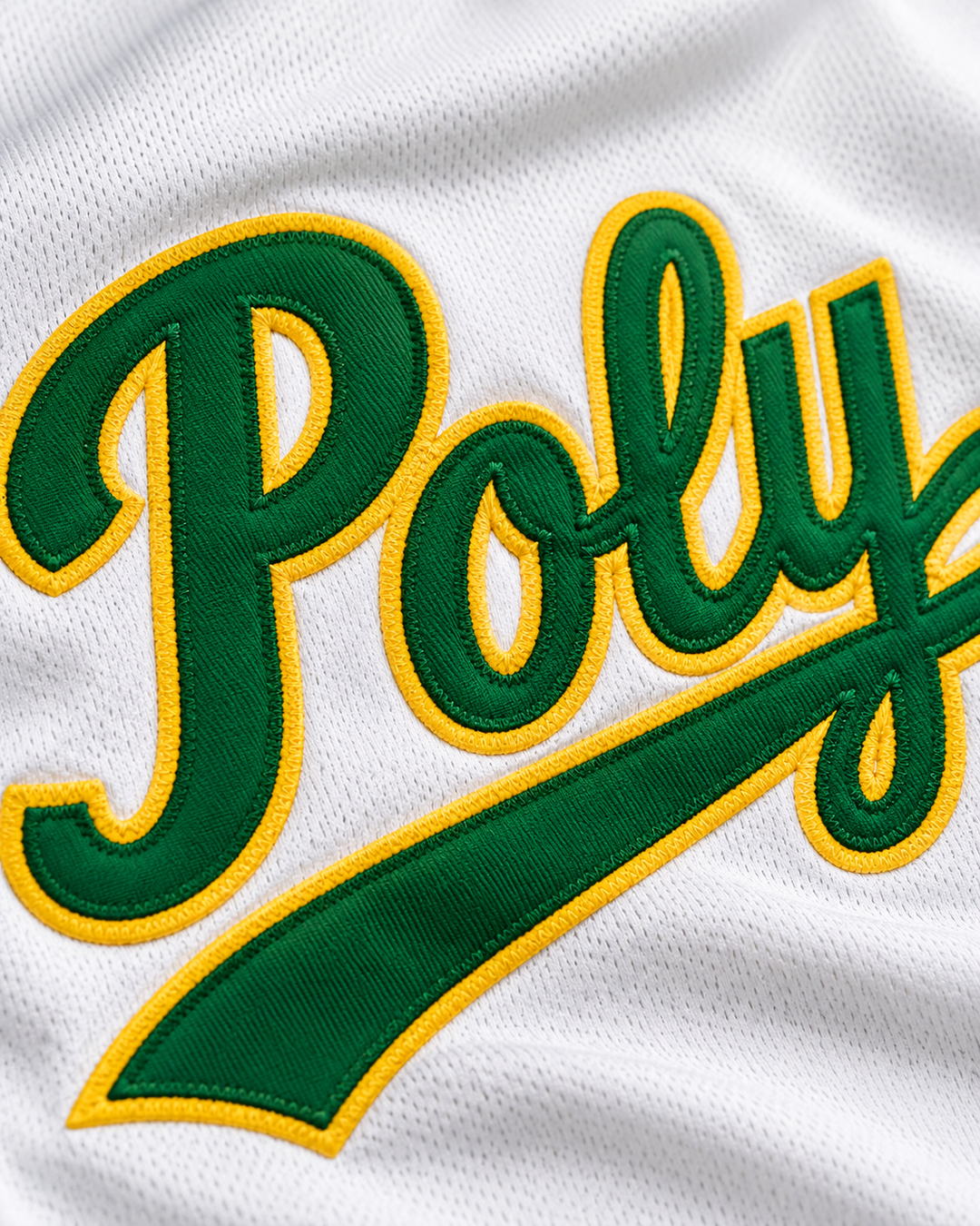 Embroidery detail product mockup of Tony Gwynn 19 Polytechnic High School Jackrabbits White Baseball Jersey 1.